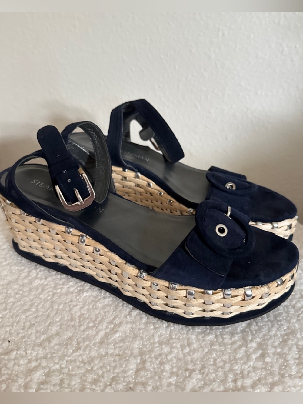 Stuart Weitzman Suede Buckle Wicker Wedges 8.5